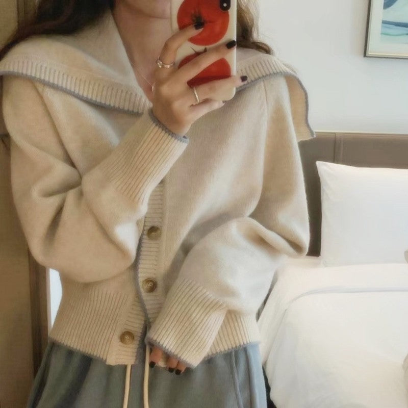 Damen Strickcardigan mit übergroßem Matrosenkragen und kontrastkante Nord Taschen