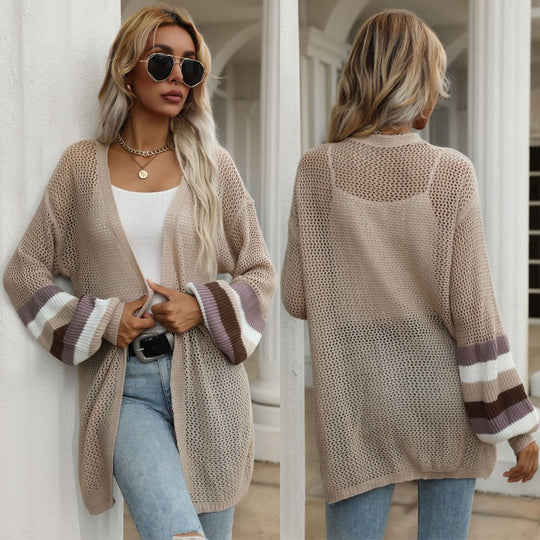 Damen Offene Longcardigan-Strickjacke mit Lochstrick, Ballonärmeln und gestreifter Ärmelpassform Nord Taschen