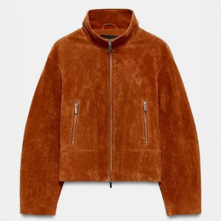 Damen Cropped-Veloursjacke im minimalistischen Design mit Stehkragen, Ziernähten und Reißverschlusstaschen Nord Taschen