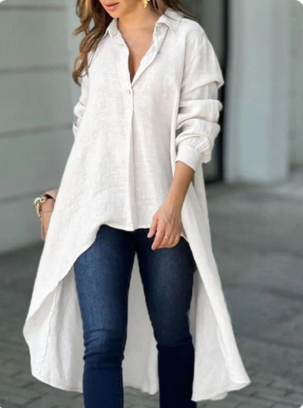 Damen Leichte Leinen‑Tunika‑Bluse mit asymmetrischem High‑Low‑Schwanz und Hemdkragen Nord Taschen