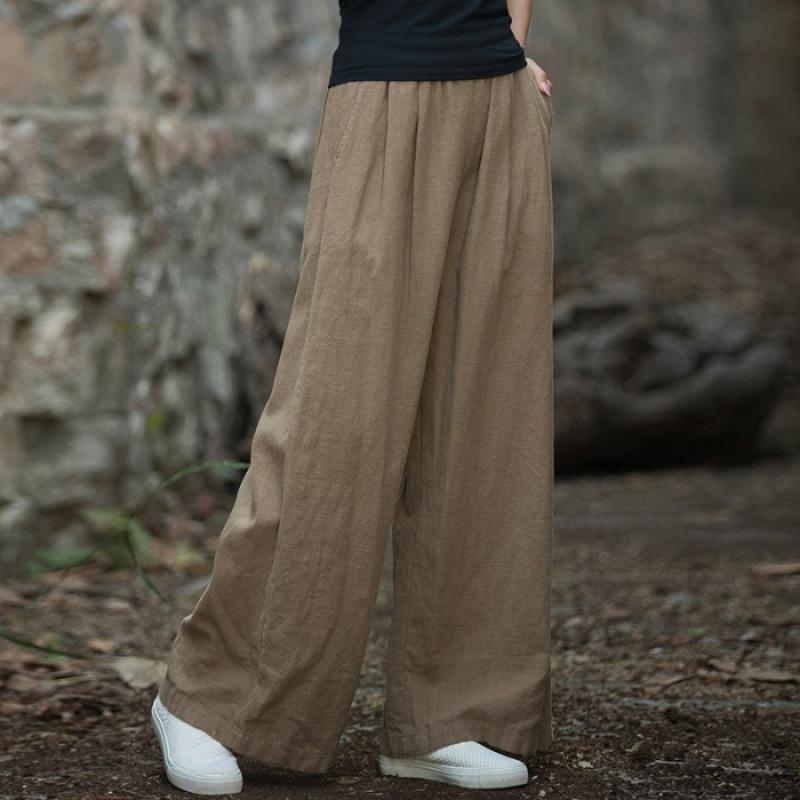Damen weit geschnittene Leinenhose mit elastischem Bund und praktischen Taschen