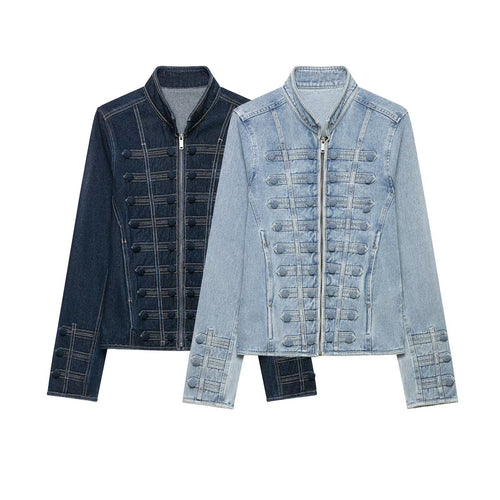 Damen Taillierte Denimjacke mit militärischen Galon‑Details und Stehkragen Nord Taschen