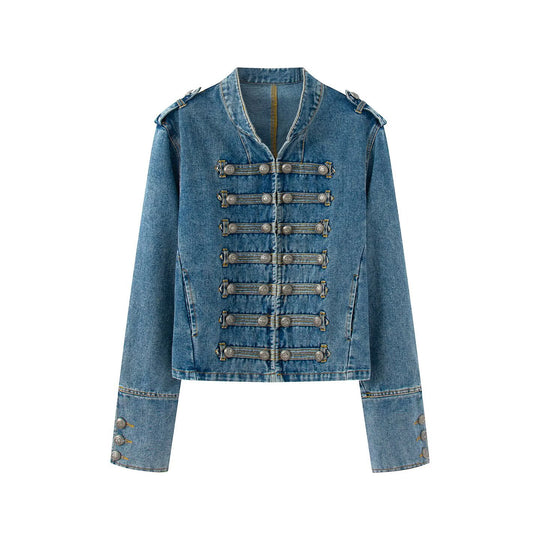 Damen Jeansjacke im Military-Stil mit dekorativer Zierknopfleiste Nord Taschen
