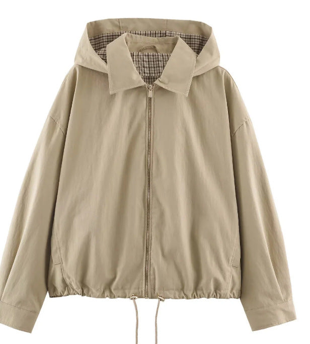 Damen Leichte Kapuzenjacke im Boxy‑Schnitt mit Kordelzug und Karofutter Nord Taschen