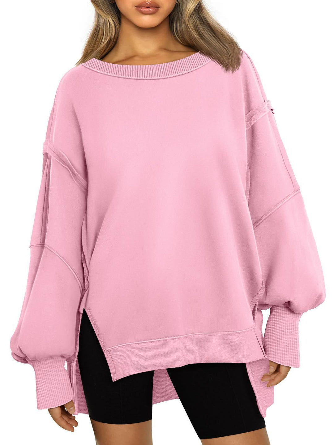 Damen Weiches Longline-Sweatshirt mit Ballonärmeln, seitlichen Schlitzen und geripptem Saum Nord Taschen