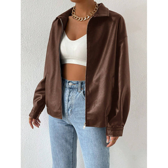Damen Oversized Kunstleder-Blouson mit Reißverschluss und Hemdkragen Nord Taschen