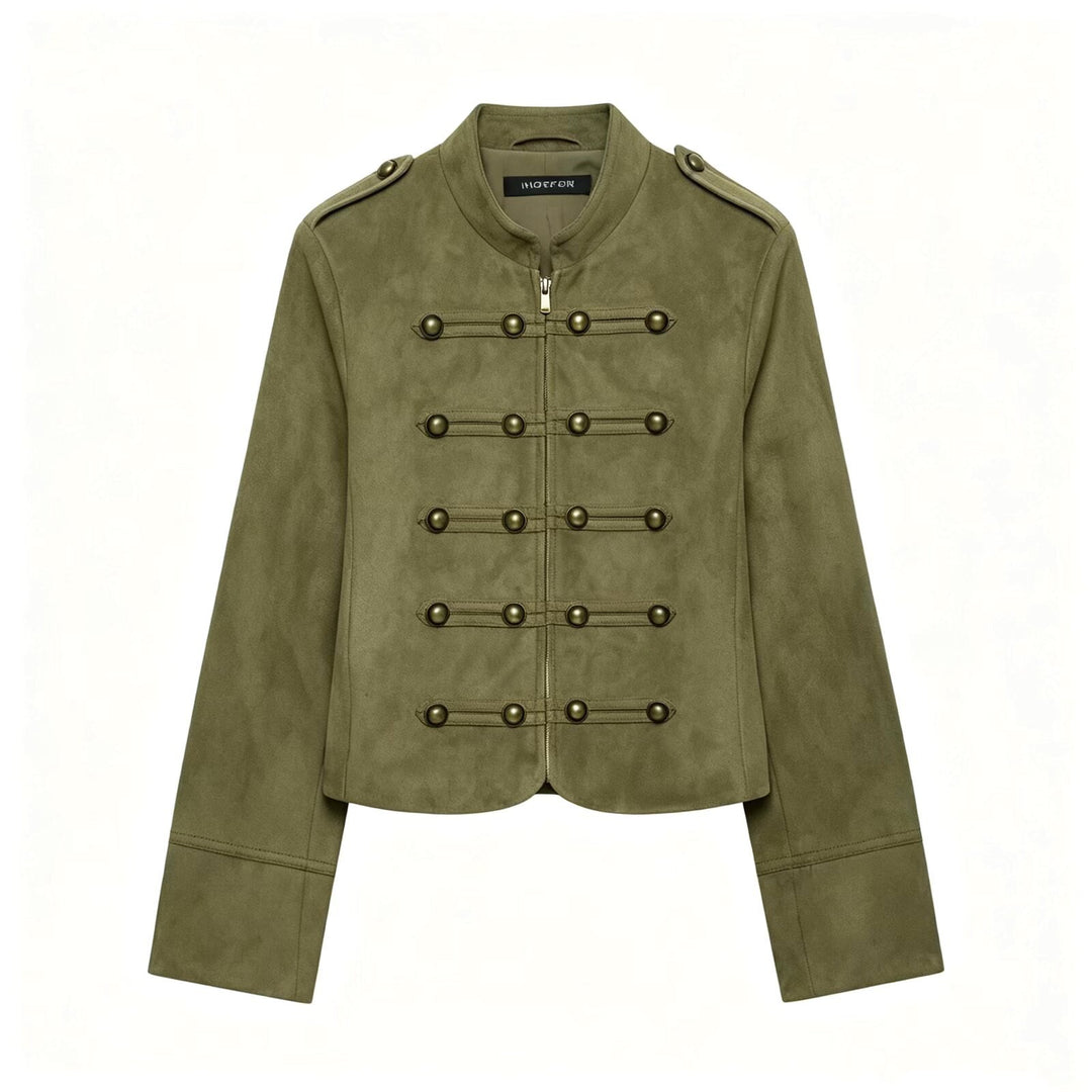 Damen Kurzjacke im Militärstil aus Veloursimitat mit Stehkragen, Epauletten und dekorativer Zierknopfleiste Nord Taschen