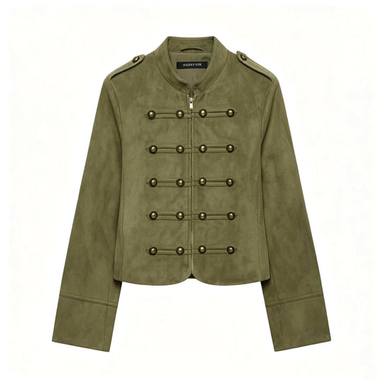 Damen Kurzjacke im Militärstil aus Veloursimitat mit Stehkragen, Epauletten und dekorativer Zierknopfleiste Nord Taschen