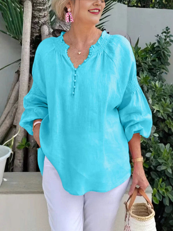 Damen lässige Kleidungsbluse mit Ballonärmeln und Knopfleiste