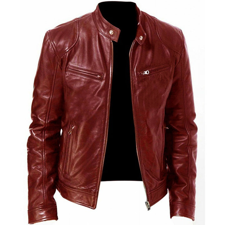 Herren schlanke Echtleder-Bikerjacke mit Stehkragen, zwei Brust-Reißverschlusstaschen und geradliniger Silhouette Nord Taschen