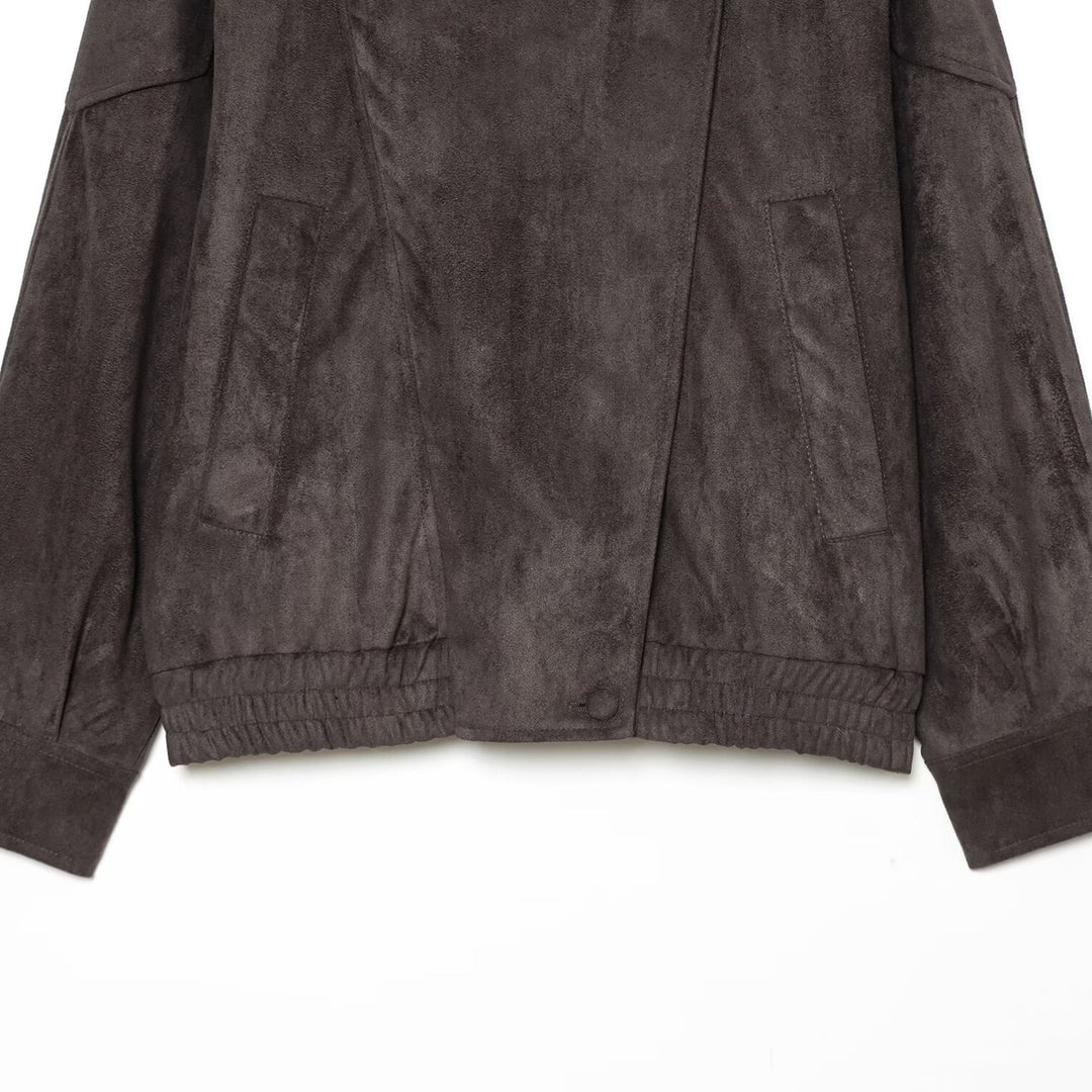 Damen Oversized Wildlederoptik Bomberjacke mit hohem Stehkragen, Schulterriegeln und elastischem Saum Nord Taschen