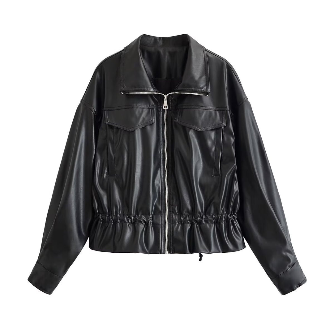 Damen Kurzjacke aus veganem Leder mit Tunnelzug und aufgesetzten Brusttaschen Nord Taschen
