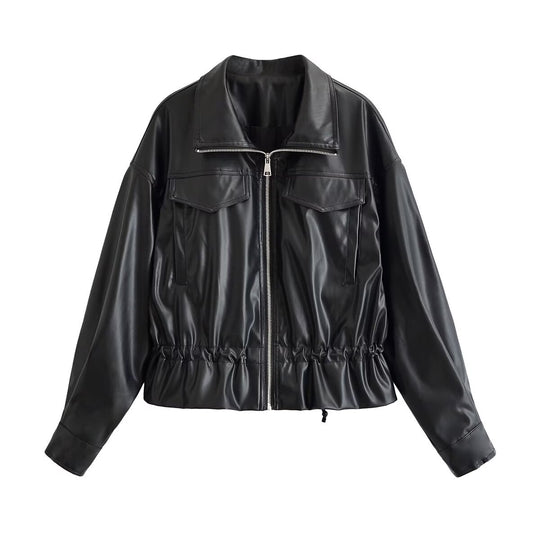 Damen Kurzjacke aus veganem Leder mit Tunnelzug und aufgesetzten Brusttaschen Nord Taschen