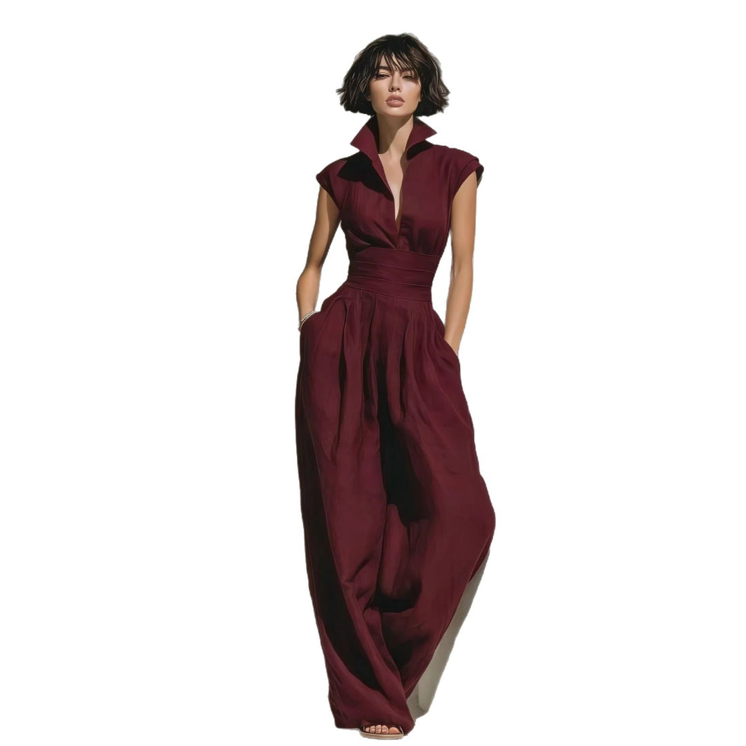 Damen Jumpsuit mit weitem Bein, tailliertem Wickelbund und Stehkragen Nord Taschen