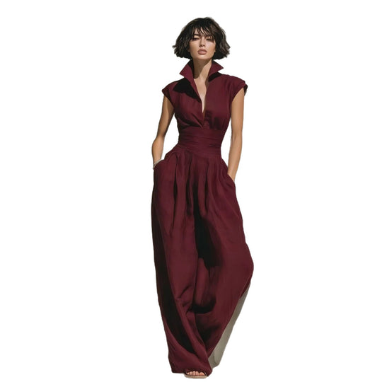 Damen Jumpsuit mit weitem Bein, tailliertem Wickelbund und Stehkragen Nord Taschen