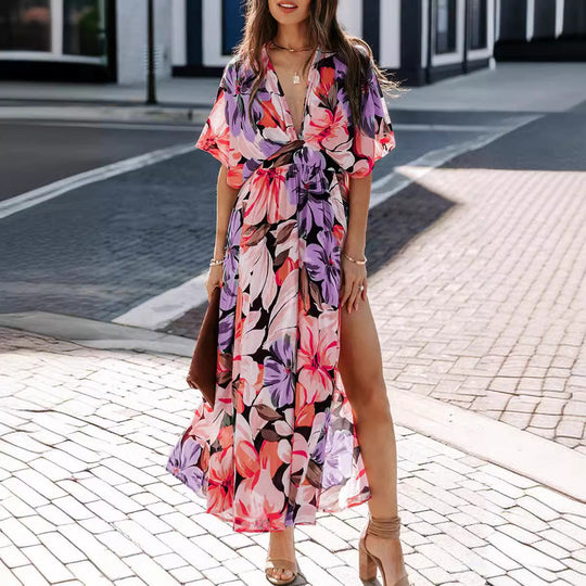 Damen Maxikleid mit floralem Wickeldesign und tiefem V-Ausschnitt