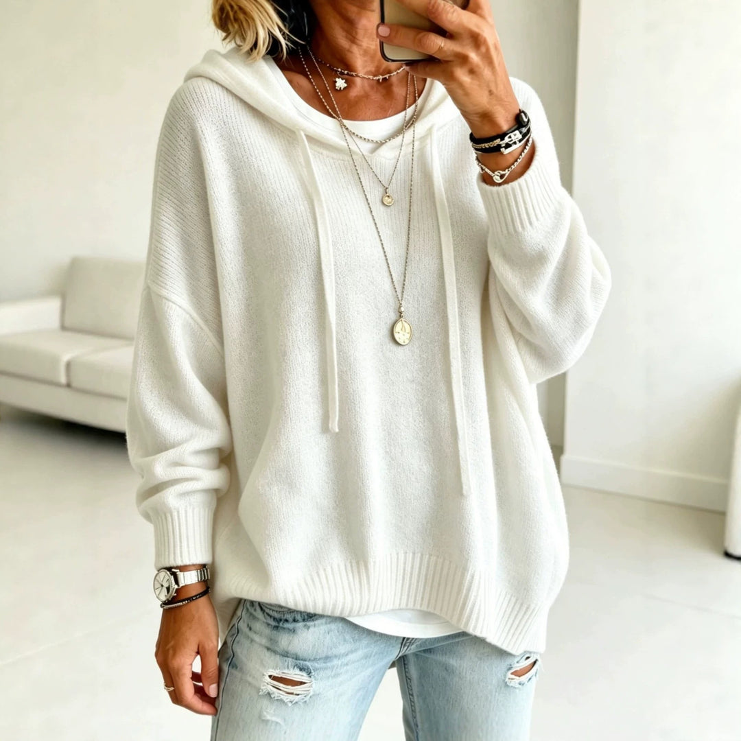 Damen Oversize-Kapuzensweater aus feinem Strick mit gerippten Bündchen Nord Taschen