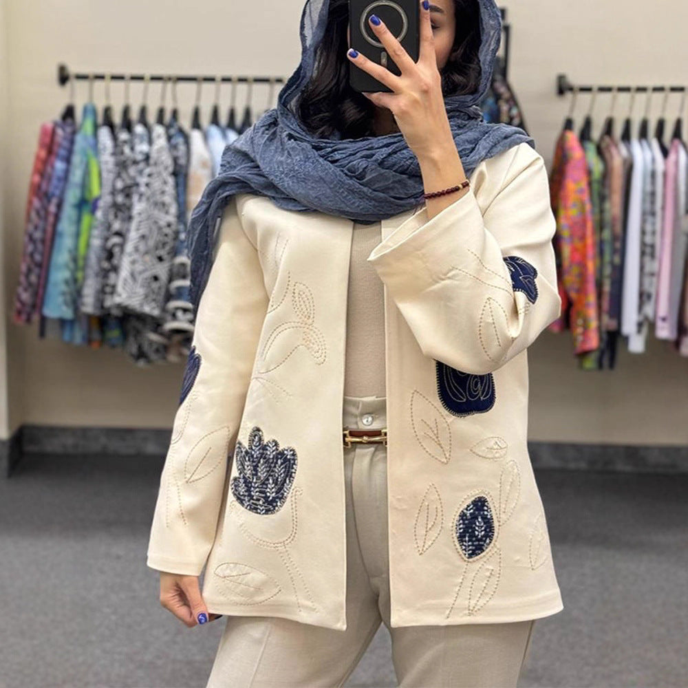 Damen offener Strickblazer mit floraler Stickerei & Applikationen Nord Taschen