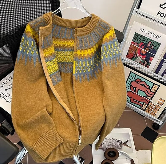 Damen Kurz geschnittene Norweger-Strickjacke mit durchgehendem Reißverschluss und Rundkragen Nord Taschen