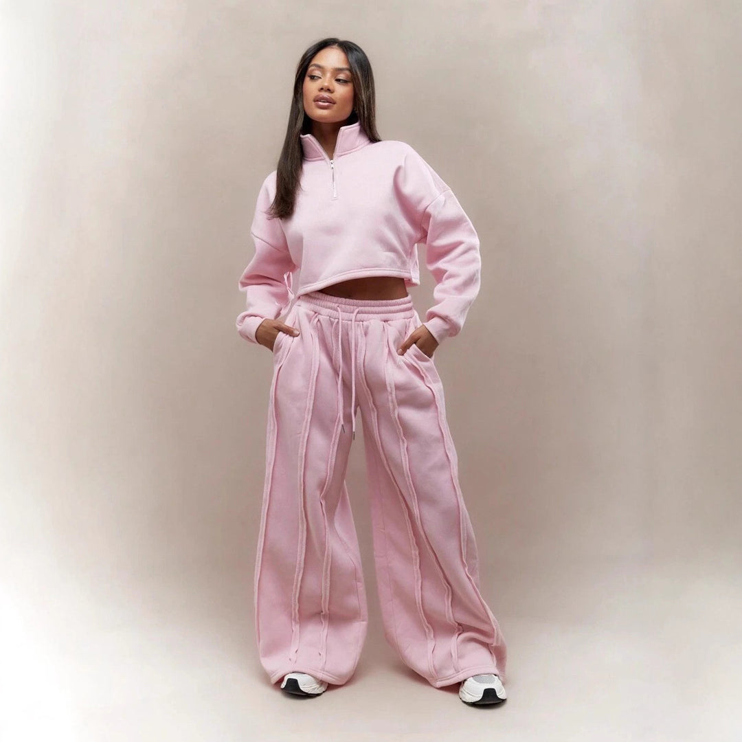 Damen Crop-Halbzip-Sweatshirt und High-Waist Wide-Leg Loungehose Set mit sichtbaren Naht-Details Nord Taschen