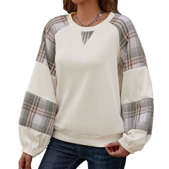 Damen Oversize-Longsleeve mit karierten Chiffon-Raglanärmeln und gerafften Manschetten Nord Taschen