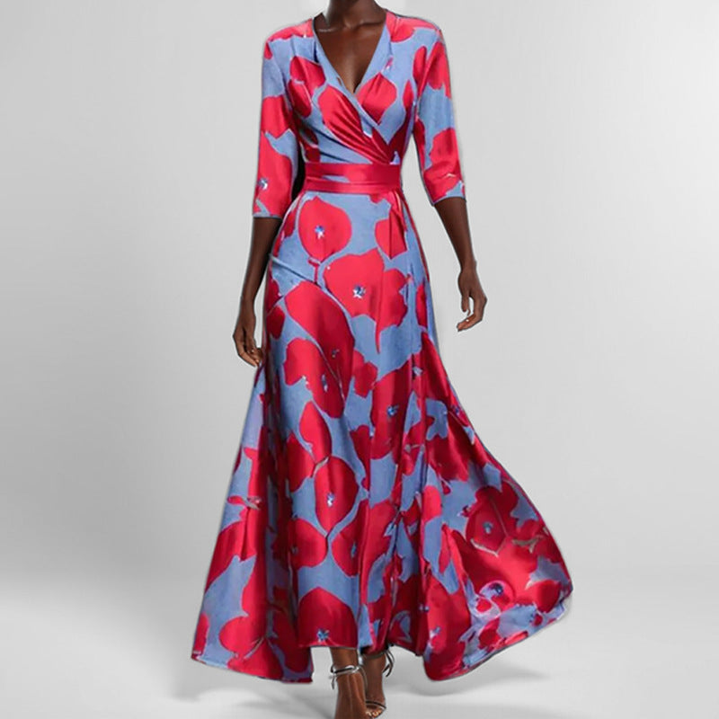 Elegantes V-Ausschnitt Bedrucktes Taillenkleid mit Schößchen