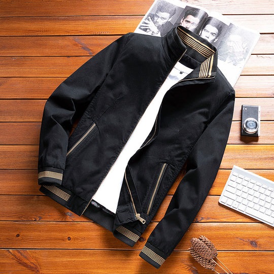 Herren leichter Canvas-Bomber mit gestreiften Rippbündchen, Stehkragen und Reißverschlusstaschen Nord Taschen