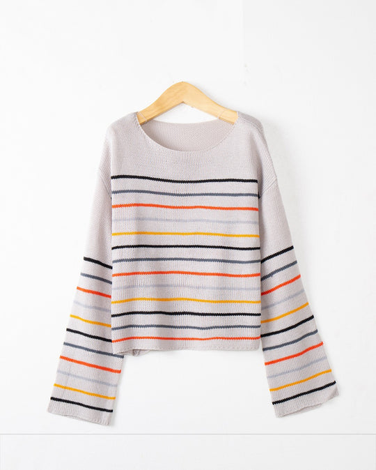 Damen Kurzgeschnittener Feinstrick-Pullover mit Rundhalsausschnitt, mehrfarbigen Horizontalstreifen und überschnittenen Schultern Nord Taschen