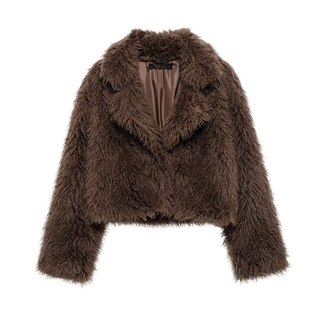 Damen Kurze Boxy-Plüschjacke im Shaggy-Look mit fallendem Revers Nord Taschen