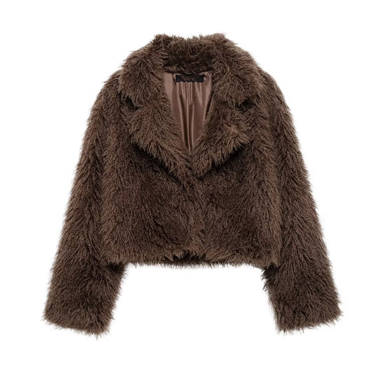 Damen Kurze Boxy-Plüschjacke im Shaggy-Look mit fallendem Revers Nord Taschen