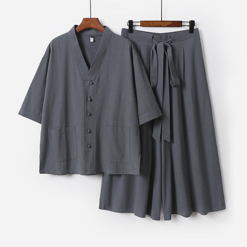 Damen Zweiteiliges Kimono-Lounge-Set mit Kurzarm-Knopfjacke, aufgesetzten Taschen und weiten Palazzo-Hosen Nord Taschen