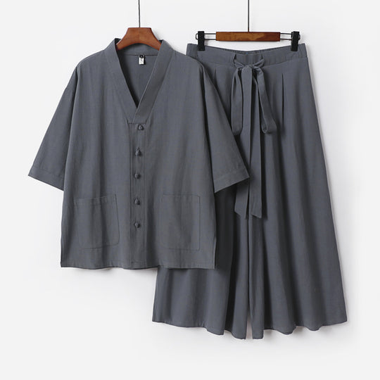 Damen Zweiteiliges Kimono-Lounge-Set mit Kurzarm-Knopfjacke, aufgesetzten Taschen und weiten Palazzo-Hosen Nord Taschen