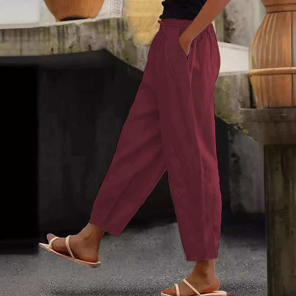 Damen Leinen-Mischung Cropped-Hose mit elastischem Bund, Kordelzug und Seitentaschen Nord Taschen