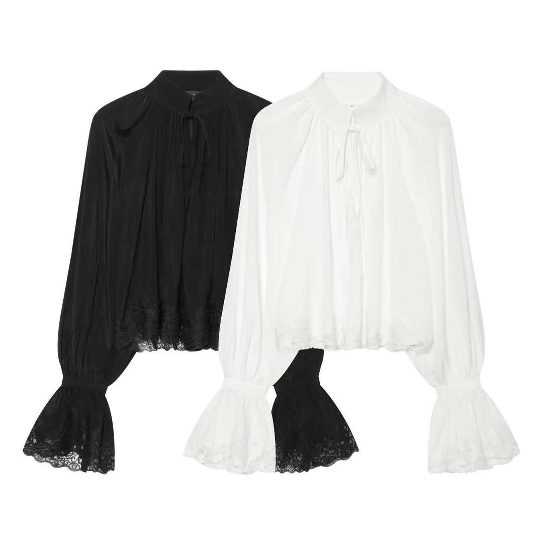 Damen Transparente Bluse mit Stehkragen, Volantenärmeln und Spitzenborte Nord Taschen
