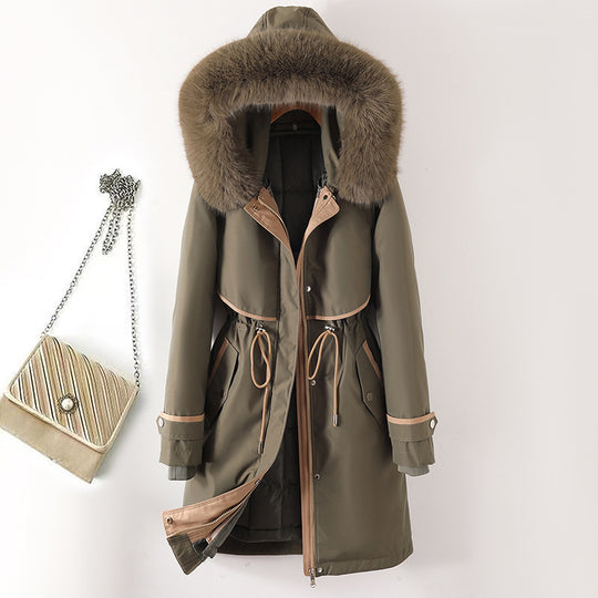 Damen nan langer Parka mit Kunstfellkapuze Taillenzug und kontrastierten Paspeln Nord Taschen