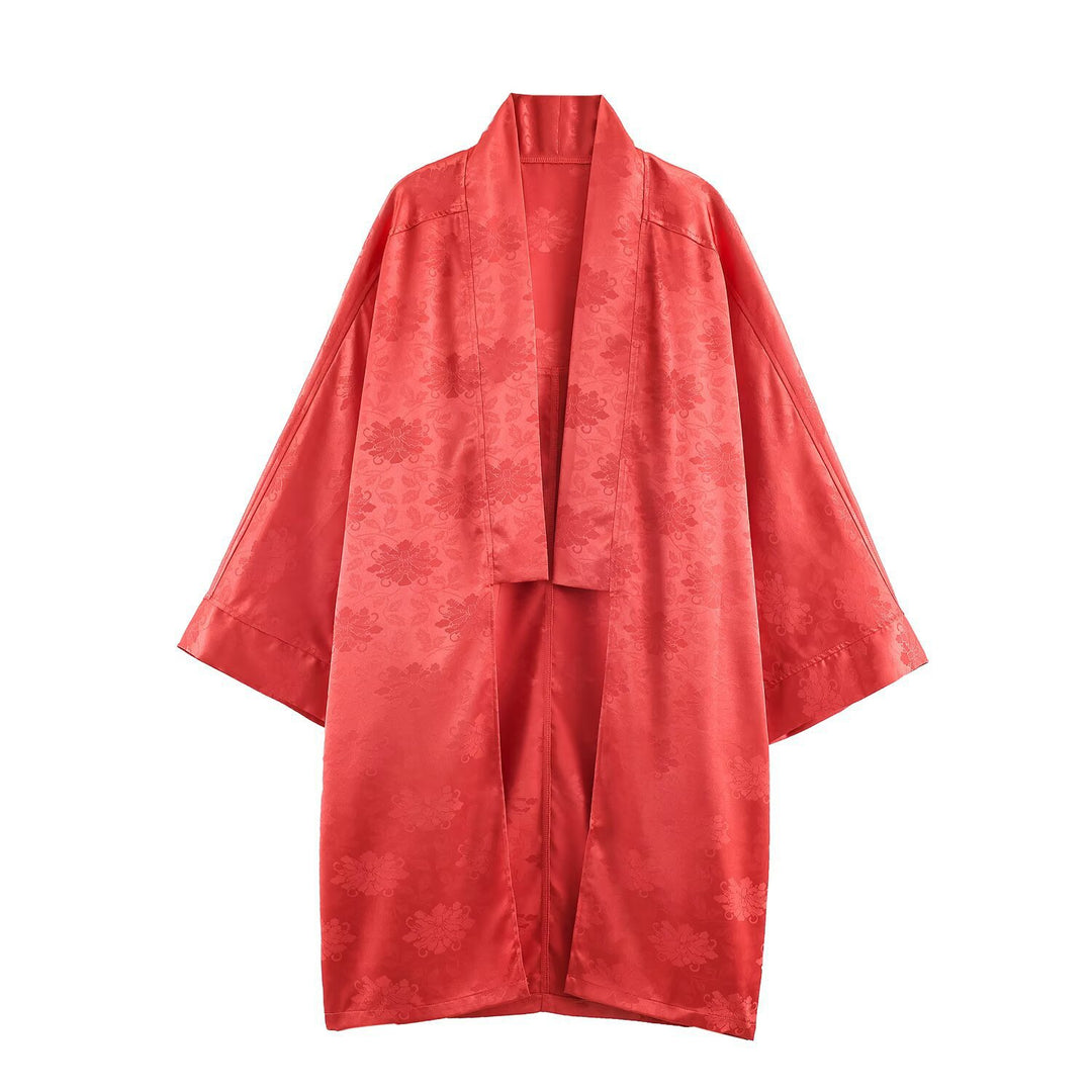 Damen hochtaillierte Satinhose mit Jacquard‑Blütenmuster und Federfransen Nord Taschen