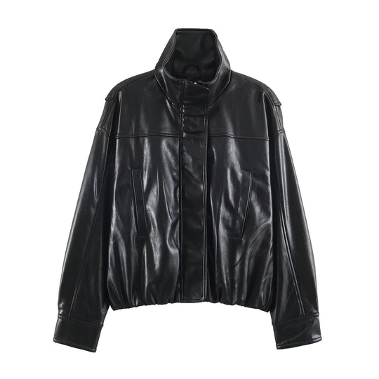 Damen Oversize Lederoptik-Blousonjacke mit Stehkragen und elastischem Saum Nord Taschen
