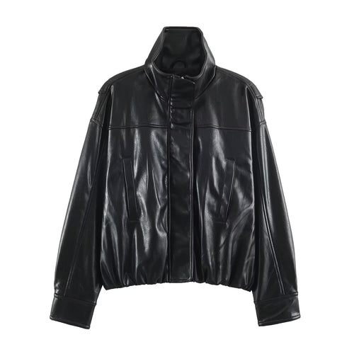 Damen Oversize Lederoptik-Blousonjacke mit Stehkragen und elastischem Saum Nord Taschen