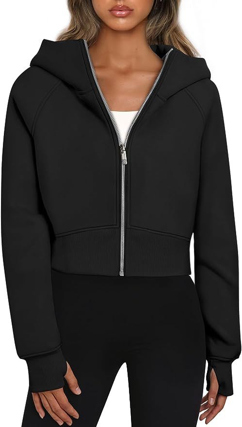 Damen Kurz geschnittener Performance-Kapuzenpullover mit durchgehendem Reißverschluss und Daumenlochbündchen Nord Taschen