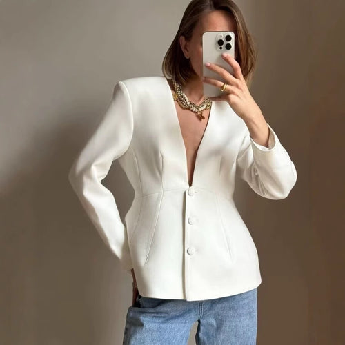 Damen Taillierter Blazer mit tiefem V-Ausschnitt und verdeckter Knopfleiste Nord Taschen