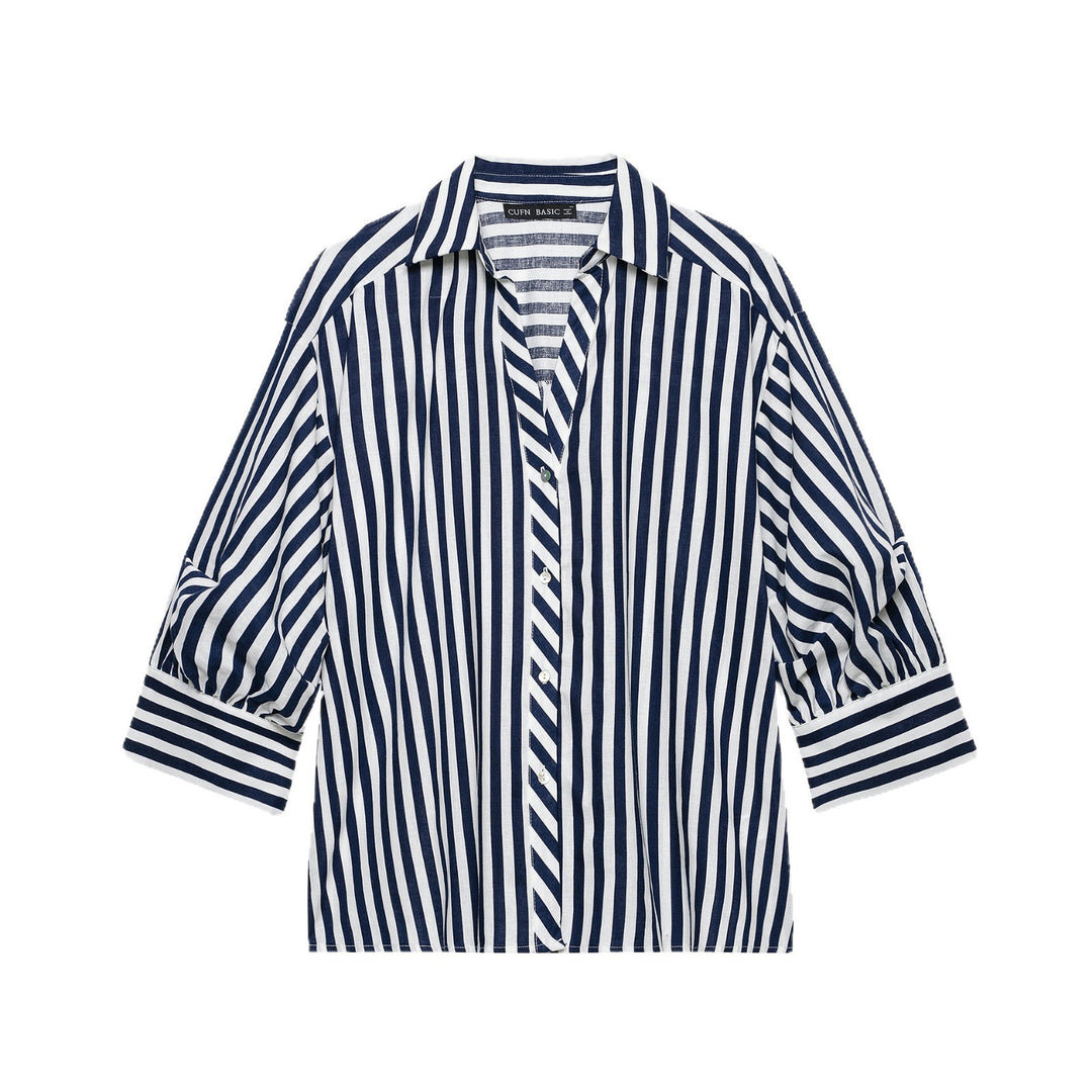 Damen Oversized Hemdbluse mit maritimem Nadelstreifen und dreiviertellangen Ballonärmeln Nord Taschen