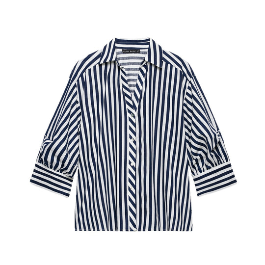 Damen Oversized Hemdbluse mit maritimem Nadelstreifen und dreiviertellangen Ballonärmeln Nord Taschen