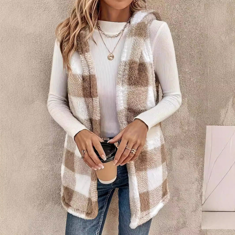 Damen Ärmellose Teddy‑Weste mit Kapuze und Karomuster Nord Taschen