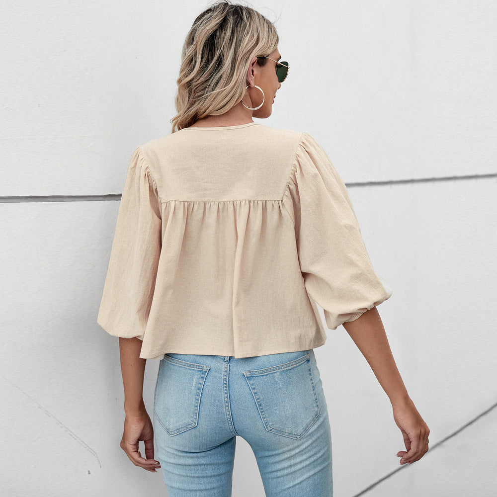 Damen lockere Babydoll-Bluse mit Schleifenkragen und 3/4-Volumenärmeln Nord Taschen