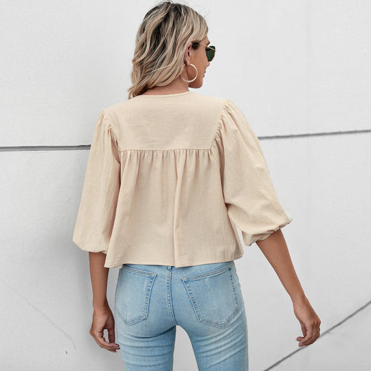 Damen lockere Babydoll-Bluse mit Schleifenkragen und 3/4-Volumenärmeln Nord Taschen
