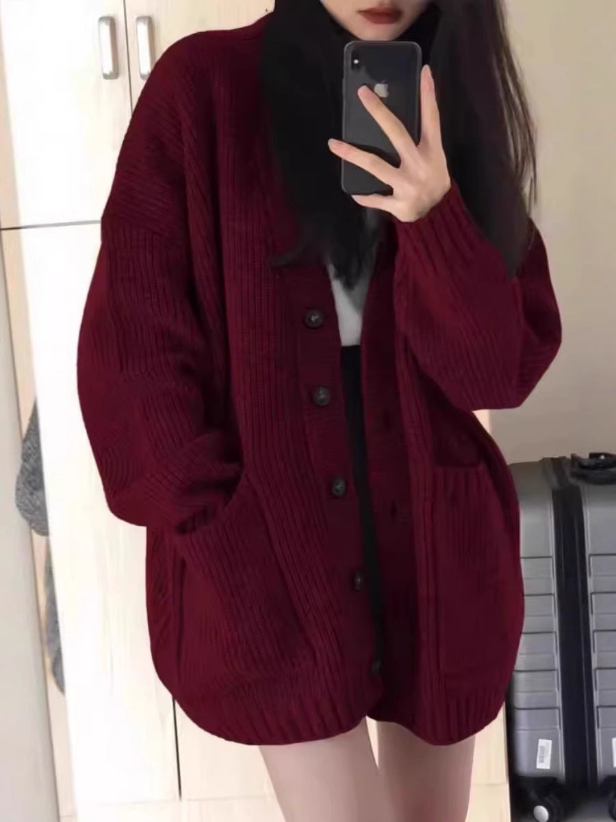 Damen Oversize Strickcardigan mit aufgesetzten Taschen und durchgehender Knopfleiste Nord Taschen