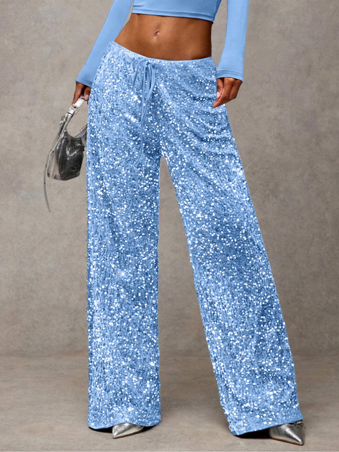 Damen Pailletten-Palazzohose mit hohem Bund und Kordelzug Nord Taschen