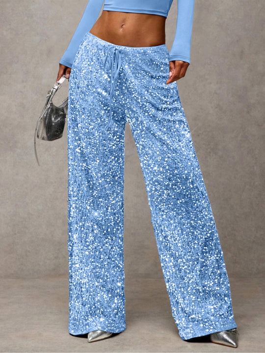 Damen Pailletten-Palazzohose mit hohem Bund und Kordelzug Nord Taschen