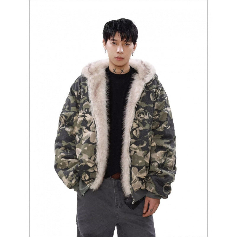 Herren Warmer gefütterter Camouflage-Bomber mit Kapuze und Kunstfellbesatz Nord Taschen