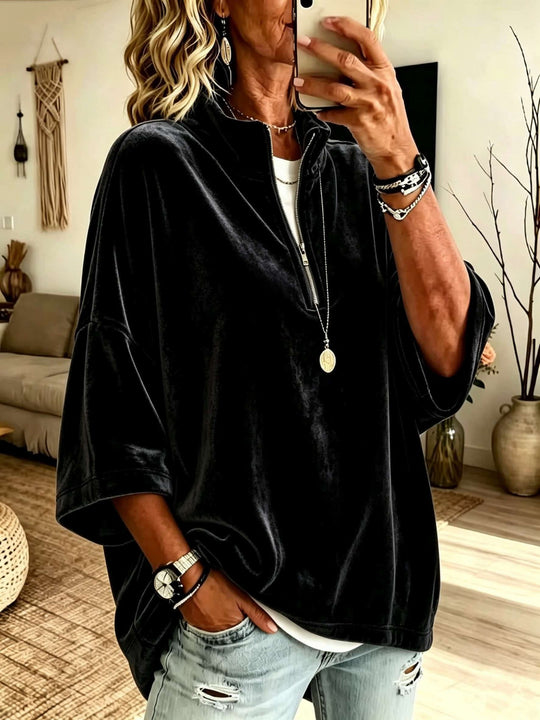 Damen Oversize Samt-Pullover mit kurzem Reißverschluss und Stehkragen Nord Taschen